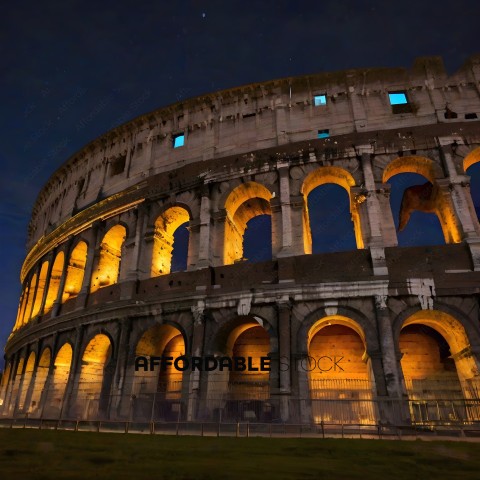 A view of the Colosseum at night with blue lights
