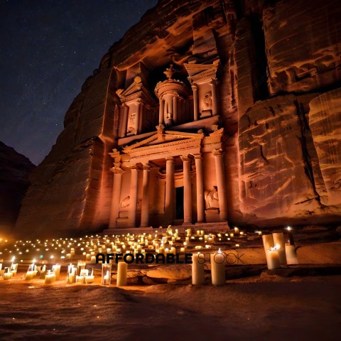 A lit pathway in front of a large rock structure