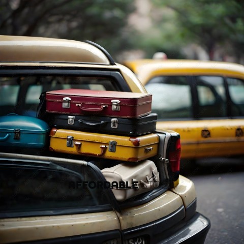 A yellow taxi with luggage on top