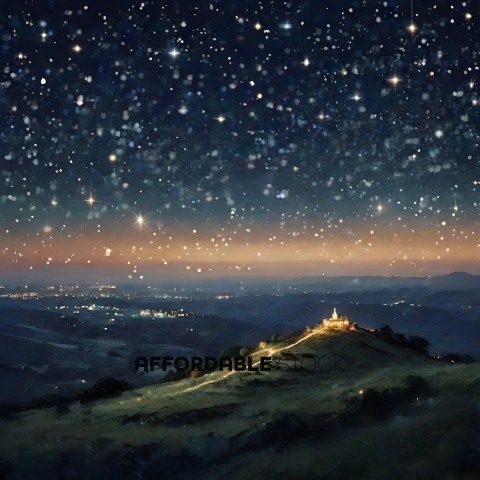 A painting of a mountain with a village at the top and stars in the sky