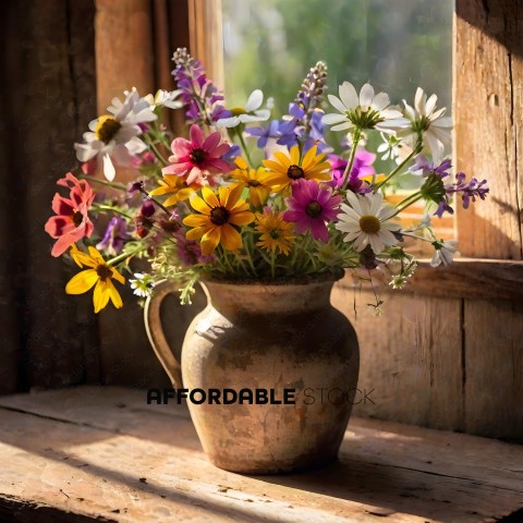 A vase of flowers sits on a wooden table