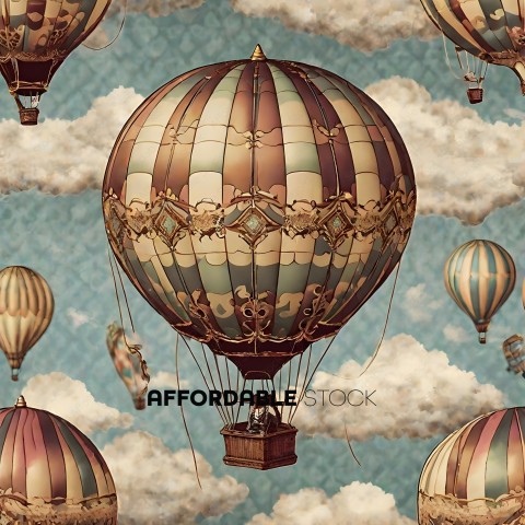 A colorful hot air balloon with a basket and passengers