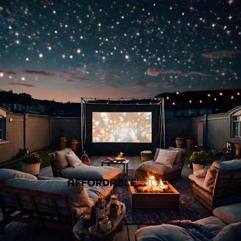 A backyard with a movie screen, fire pit, and seating