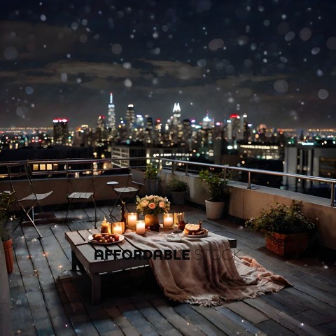 A table with a blanket and a lit candle on a deck at night
