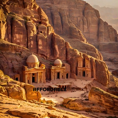 Ancient ruins in the desert with a mountain in the background