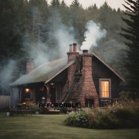 A small brick house with smoke coming out of the chimney