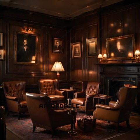 A dark wood room with leather furniture and pictures on the wall