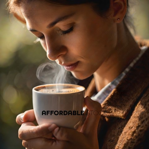 A woman in a brown jacket sipping a hot beverage
