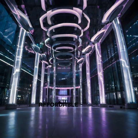 A large, modern building with a purple lighting scheme