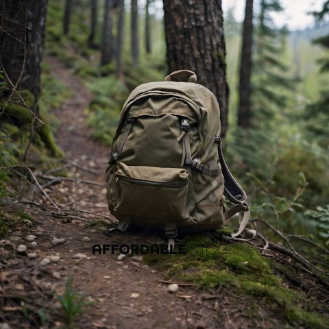 A backpack sits on a mossy trail