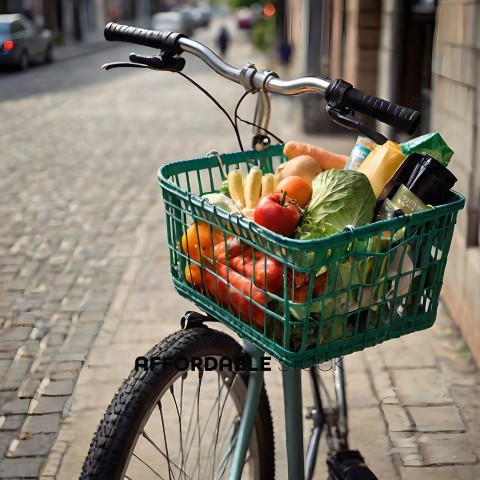 A Bicycle with a Green Basket Full of Fruit and Vegetables