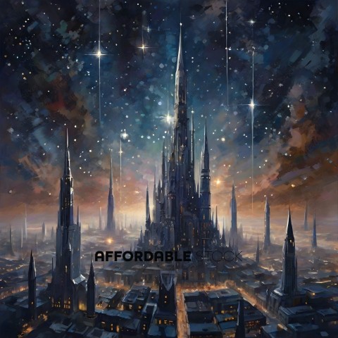 A cityscape with a large tower and a sky full of stars