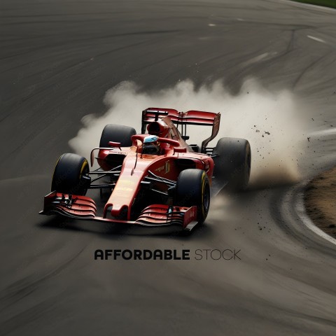 A red car is driving on a track with smoke coming out of the back