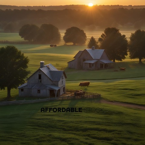 A sunset over a farm with two barns and cows