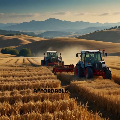 Two Farm Tractors Plowing a Field
