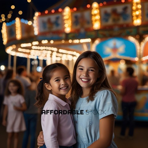 Two girls posing for a picture at a carnival