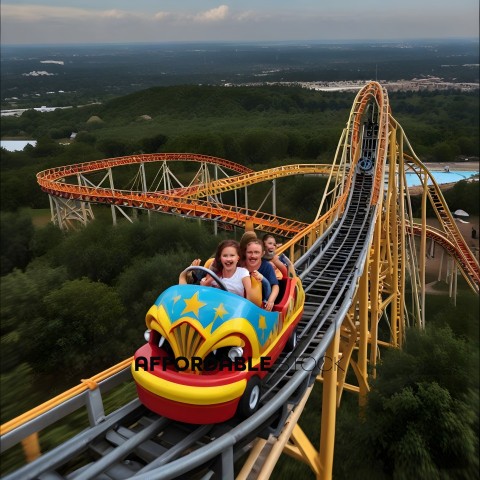 Roller coaster with three people riding it