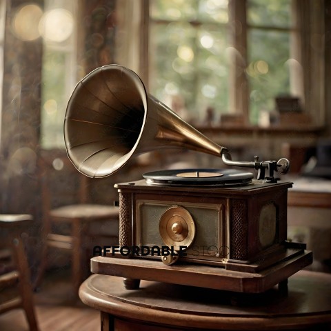 An old fashioned record player with a horn on a wooden table