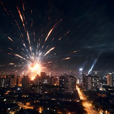 A firework display in a city at night