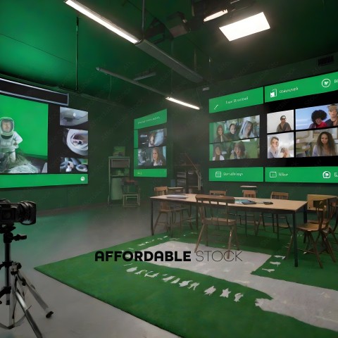 A green room with a green carpet and a table with a camera on it