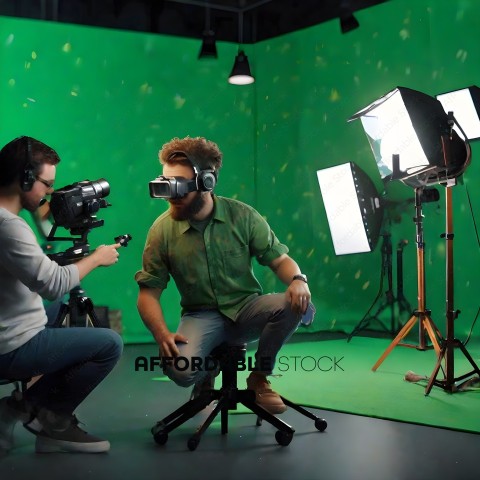 Man wearing a green shirt and a pair of VR goggles