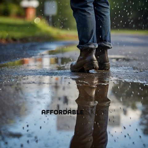 A person wearing jeans and boots standing in a puddle