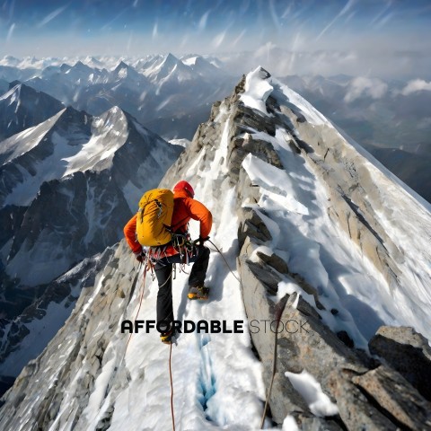 A climber in an orange jacket climbs a snowy mountain