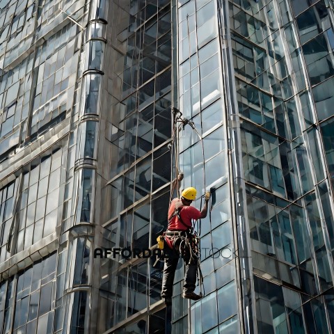 A construction worker is suspended from a harness while working on a building