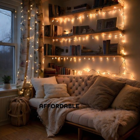 A cozy living room with a white couch and a window