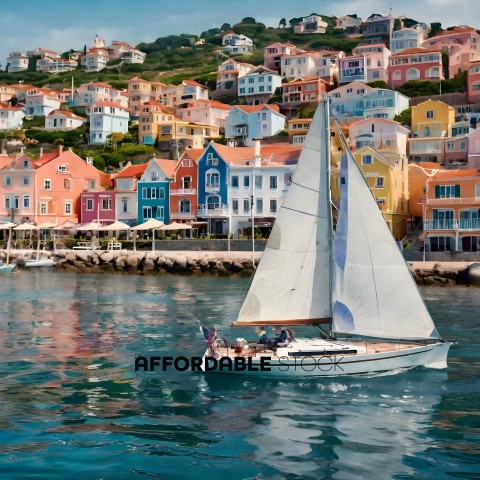 A sailboat sails past a colorful town
