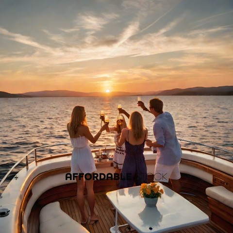 A group of four people celebrating on a boat at sunset