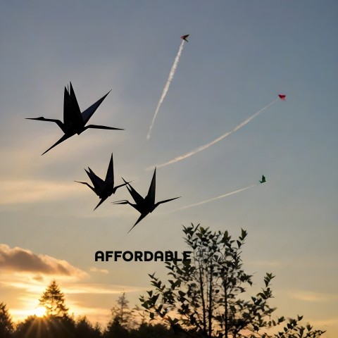 Kites in the sky with a sunset in the background
