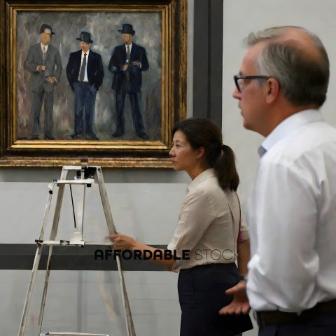 Two people looking at a painting