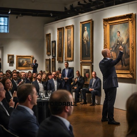 Man giving a speech in front of a painting