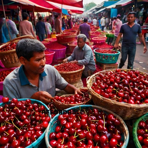 Man selling cherries in a market