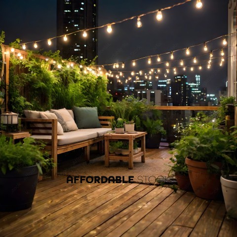 A patio with a wooden floor and plants