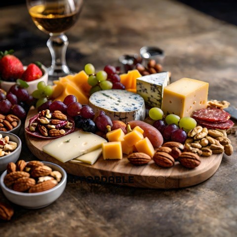 A variety of cheese, nuts, and fruit on a wooden cutting board
