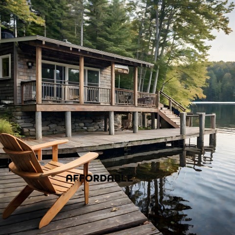 A wooden deck overlooking a lake