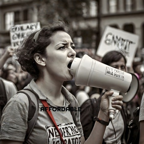 A woman with a megaphone in a crowd