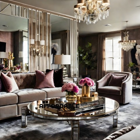 A luxurious living room with a chandelier and a glass table