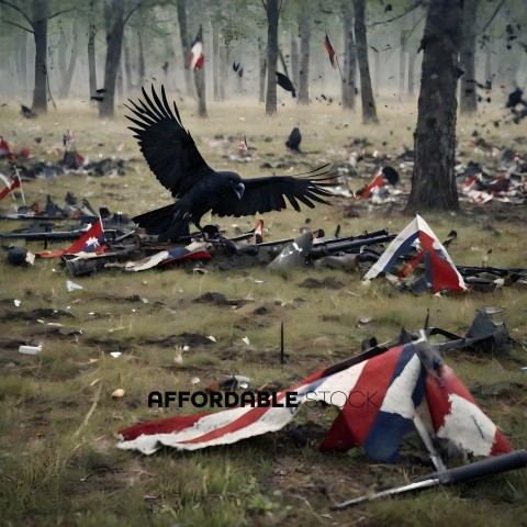 A black crow flies over a field with a flag and rifles