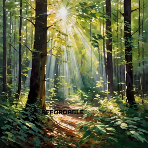 A painting of a forest with a sunbeam shining through the trees