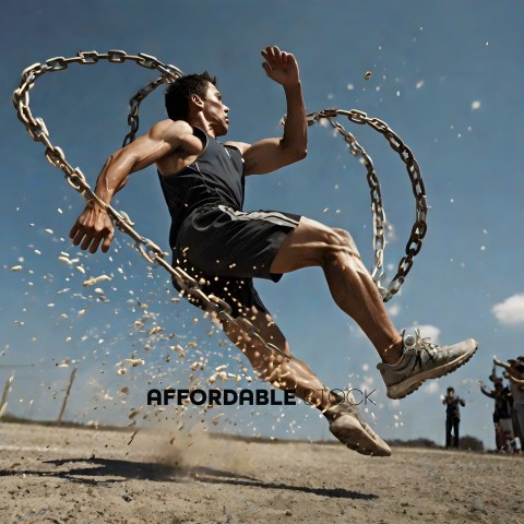 Man in black tank top and shorts jumping in the air with chains