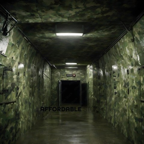 A dark, camouflage-patterned hallway with a door at the end