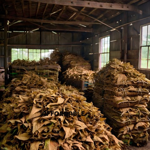 Stacks of cigarette tobacco in a barn