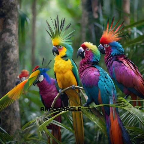 Parrots with colorful feathers in a jungle