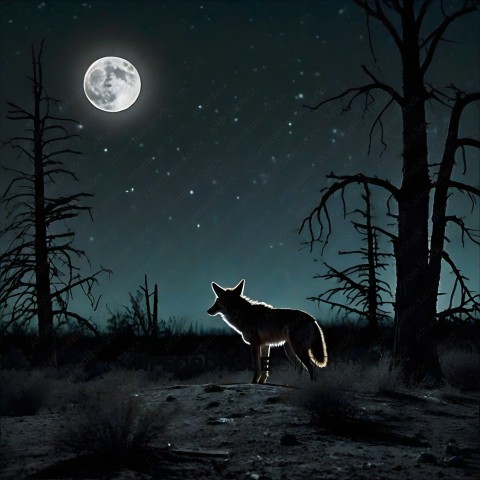 A fox standing in the wild looking at the moon