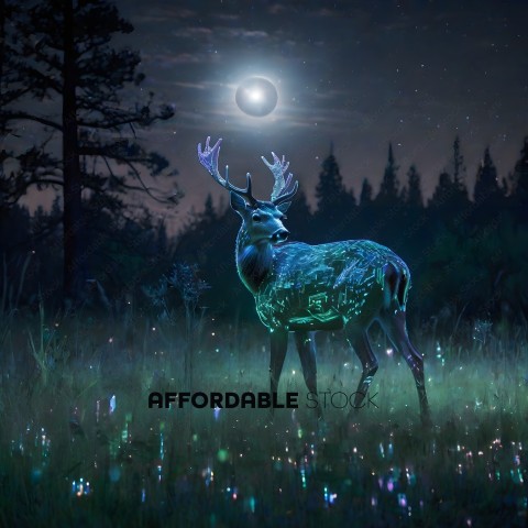 A deer with a glowing face and antlers stands in a field at night