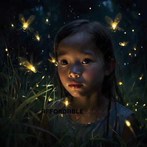 A young girl looking up at the stars in a field of grass