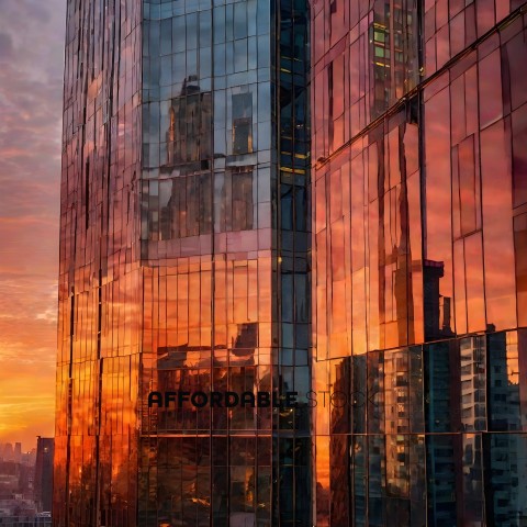 Reflection of a city skyline at sunset